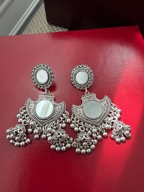 Silver Mirror Drop Earrings for Women - Statement Tribal Chandbali